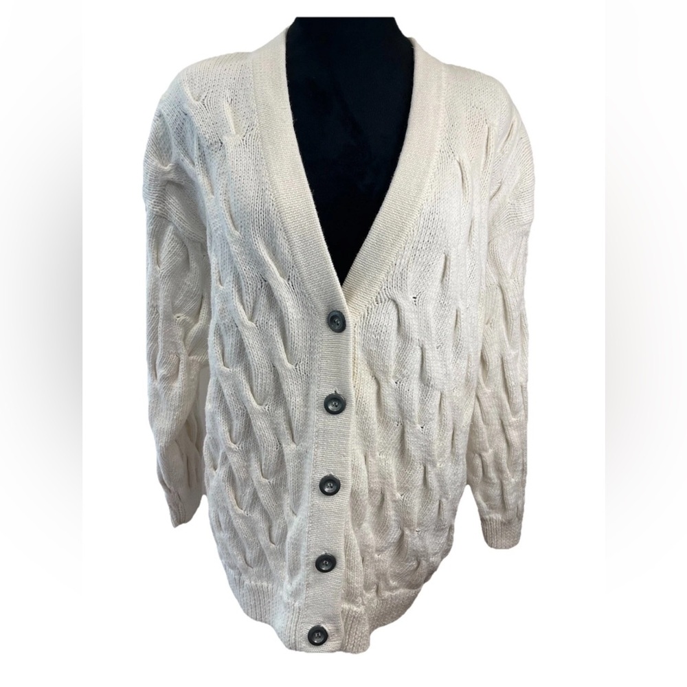 Crazy‎ Horse ladies large chunky cable knit V-Neck cardigan sweater 1990s ivory